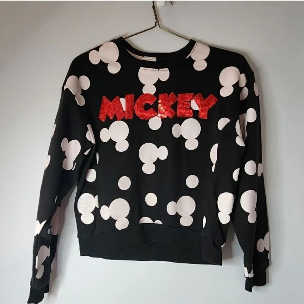 Mickey Mouse Black & White Pullover Sweatshirt Red Sequin Letters Jr Size M 7-9